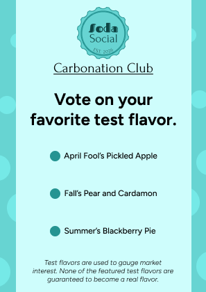 Soda Social logo above 'Carbonation Club' and a poll to vote on favorite test flavor: April Fool’s Pickled Apple, Fall’s Pear and Cardamon, Summer’s Blackberry Pie, with a note on test flavor market interest.