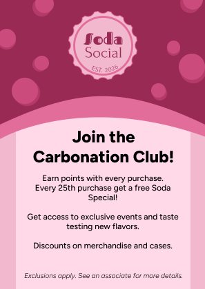 Promotional card for Soda Social's Carbonation Club offering points per purchase, a free soda every 25th purchase, exclusive events, taste testing, and discounts.