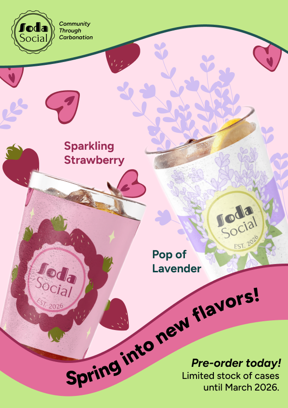 Promotional image for Soda Social sparkling drinks featuring two glasses labeled Sparkling Strawberry and Pop of Lavender with lemon slices, surrounded by stylized strawberries and lavender illustrations on a pastel background.