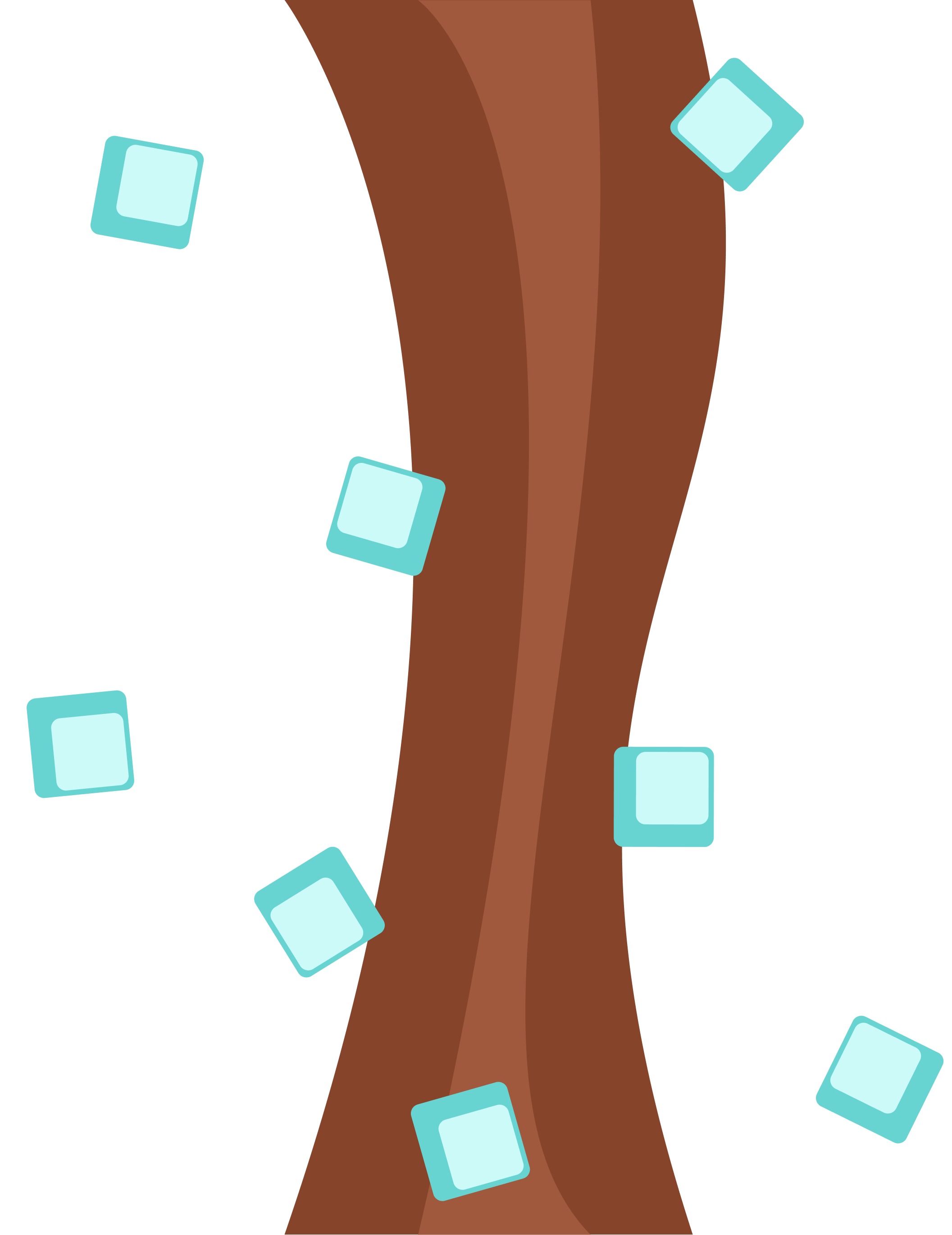 Illustration of flowing brown liquid with floating light blue ice cubes.