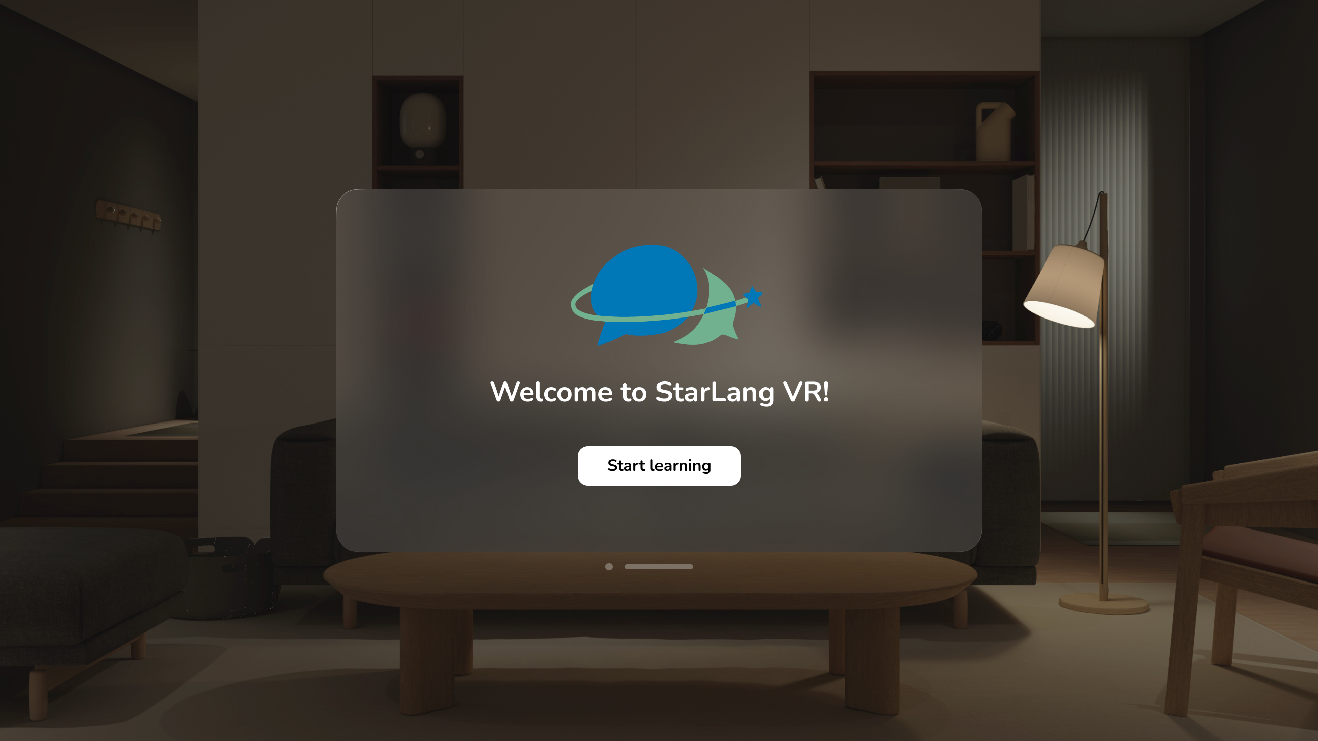 Welcome screen for StarLang VR with logo above text and a 'Start learning' button in a modern living room setting.