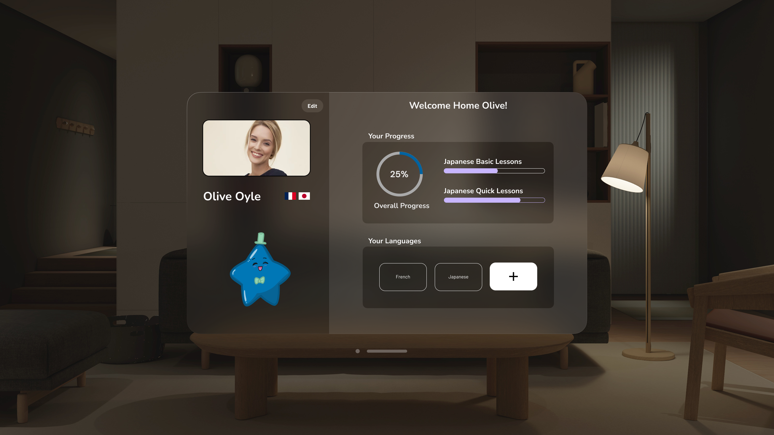 User interface showing Olive Oyle's language learning progress with 25% overall completion in Japanese lessons and language options French and Japanese.