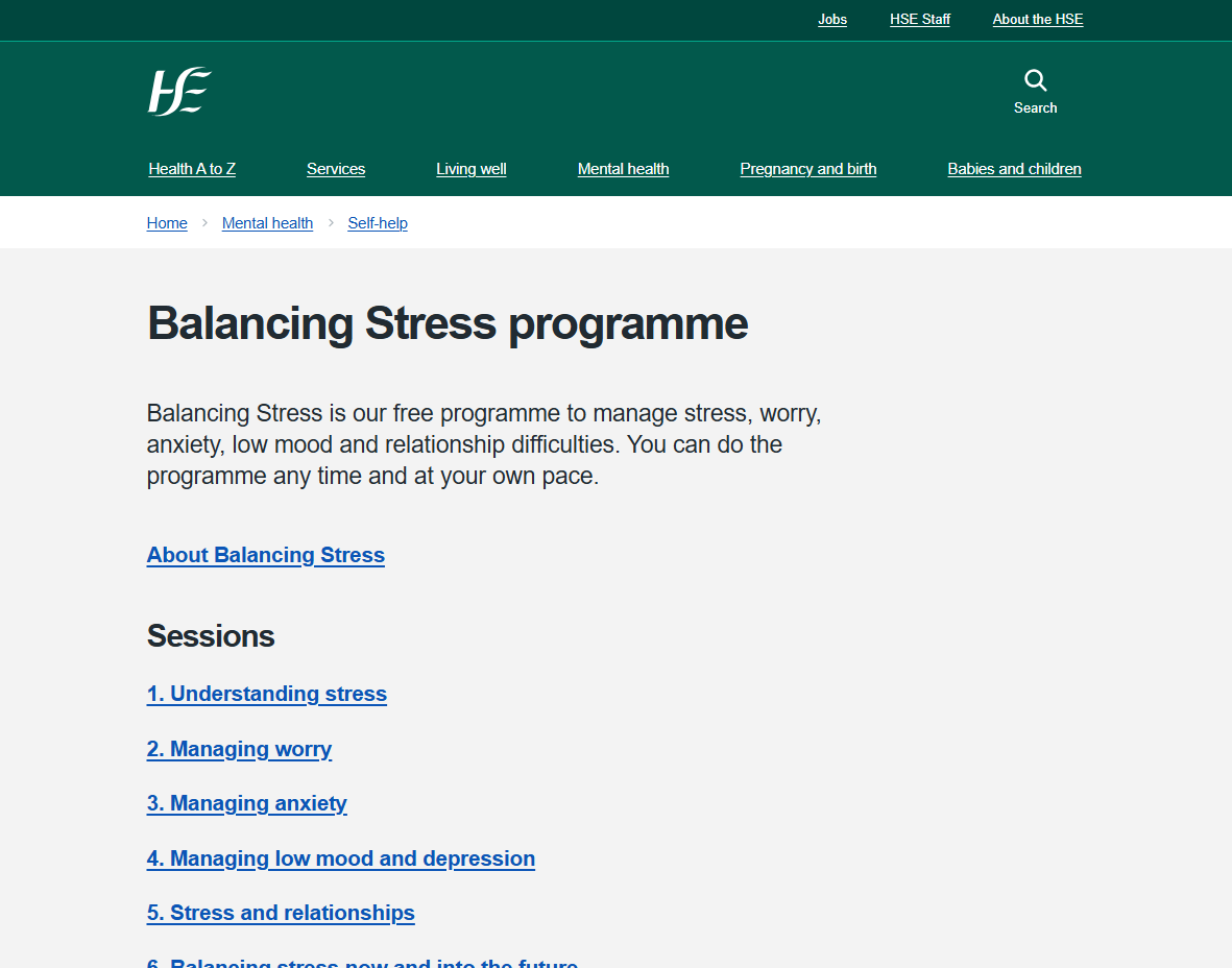 Balancing Stress programme webpage describing free sessions to manage stress, anxiety, low mood, and relationships.