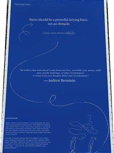 Blue page with a quote about stress by Andrew Bernstein and a white line drawing of a child and adult looking upwards.