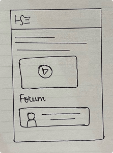 Hand-drawn webpage sketch with a header, a video play button, and a forum section with user icon and text lines.