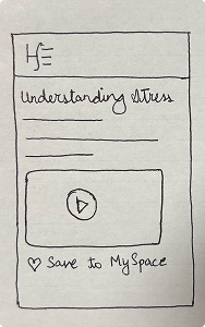 Hand-drawn webpage layout titled 'Understanding Stress' with a video play button and 'Save to My Space' option.