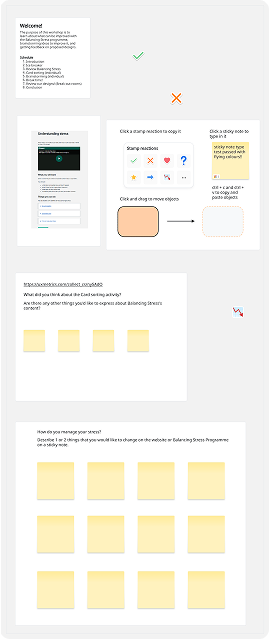 Digital feedback form about Balancing Stress project with instructions, reaction stamps, and sections for user responses.