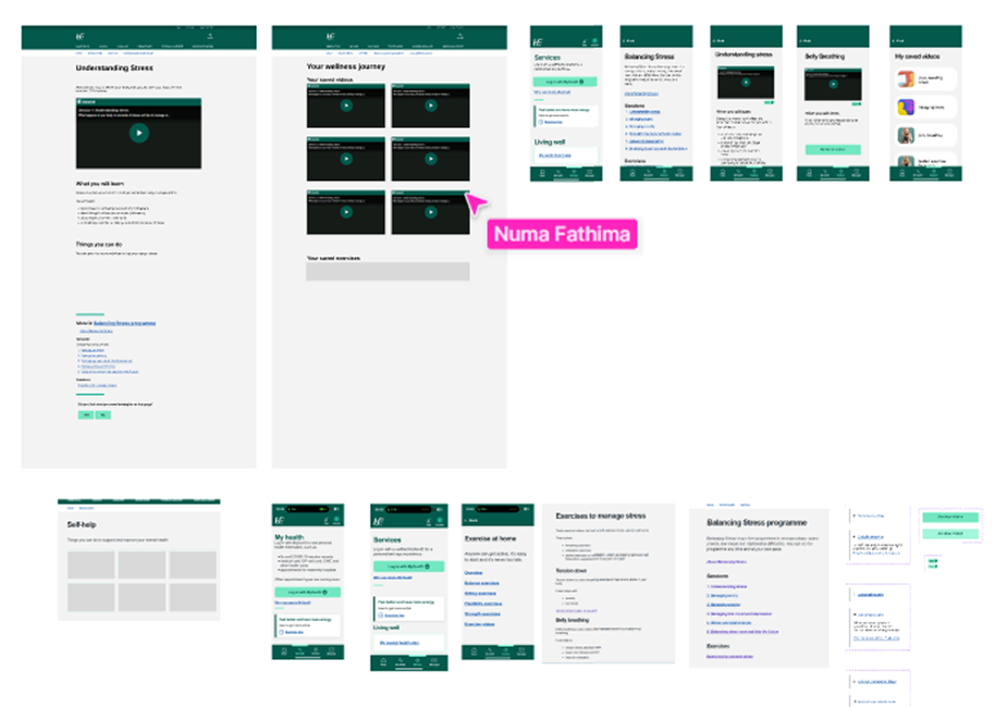 Collection of mobile app screens showing stress management content, wellness journey, services, self-help, and exercises.