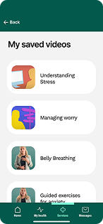 Mobile app screen showing a list of saved videos on mental health topics like stress, worry, and anxiety.
