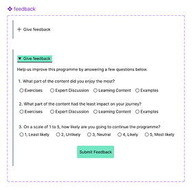 Feedback form asking about most enjoyed content, impact, and likelihood to continue the program with multiple choice options.
