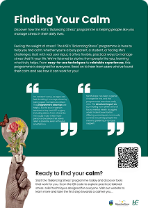 Poster titled 'Finding Your Calm' explaining the 'Balancing Stress' program with quotes and information on managing stress.