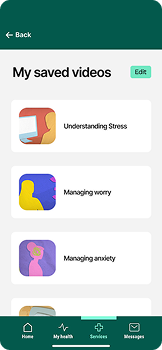 Mobile app screen showing a list of saved videos on mental health topics like stress, worry, and anxiety.