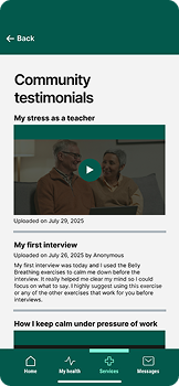 Video titled 'My stress as a teacher' with a play button over an older man and woman sitting on a couch.