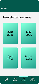 Mobile app screen showing Newsletter archives with buttons for June, May, April, and March 2025.