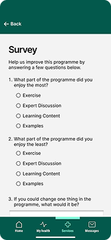 Survey form on mobile screen with questions about favorite and least favorite program parts and improvement suggestions.