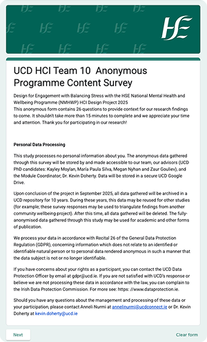 Survey consent form from UCD HCI Team 10 on anonymous data processing for mental health research.