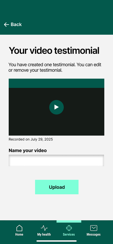 Mobile screen showing a video testimonial interface with message, video player, date, video name input, and upload button.