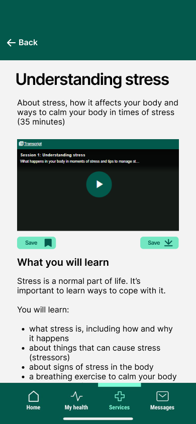 Mobile app screen titled 'Understanding stress' with video and bullet points on stress education and coping.