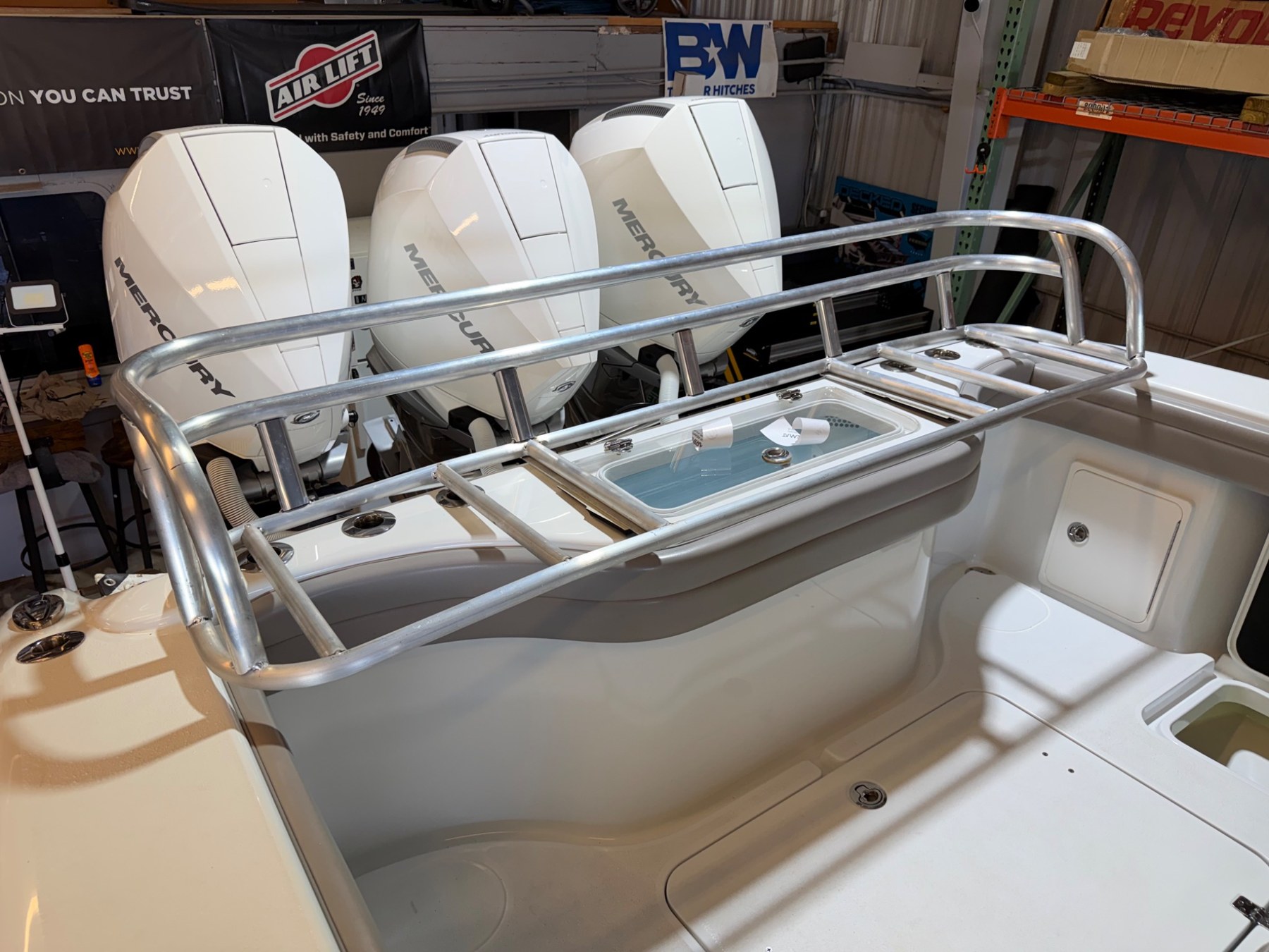 Custom stern rail and twin outboard layout