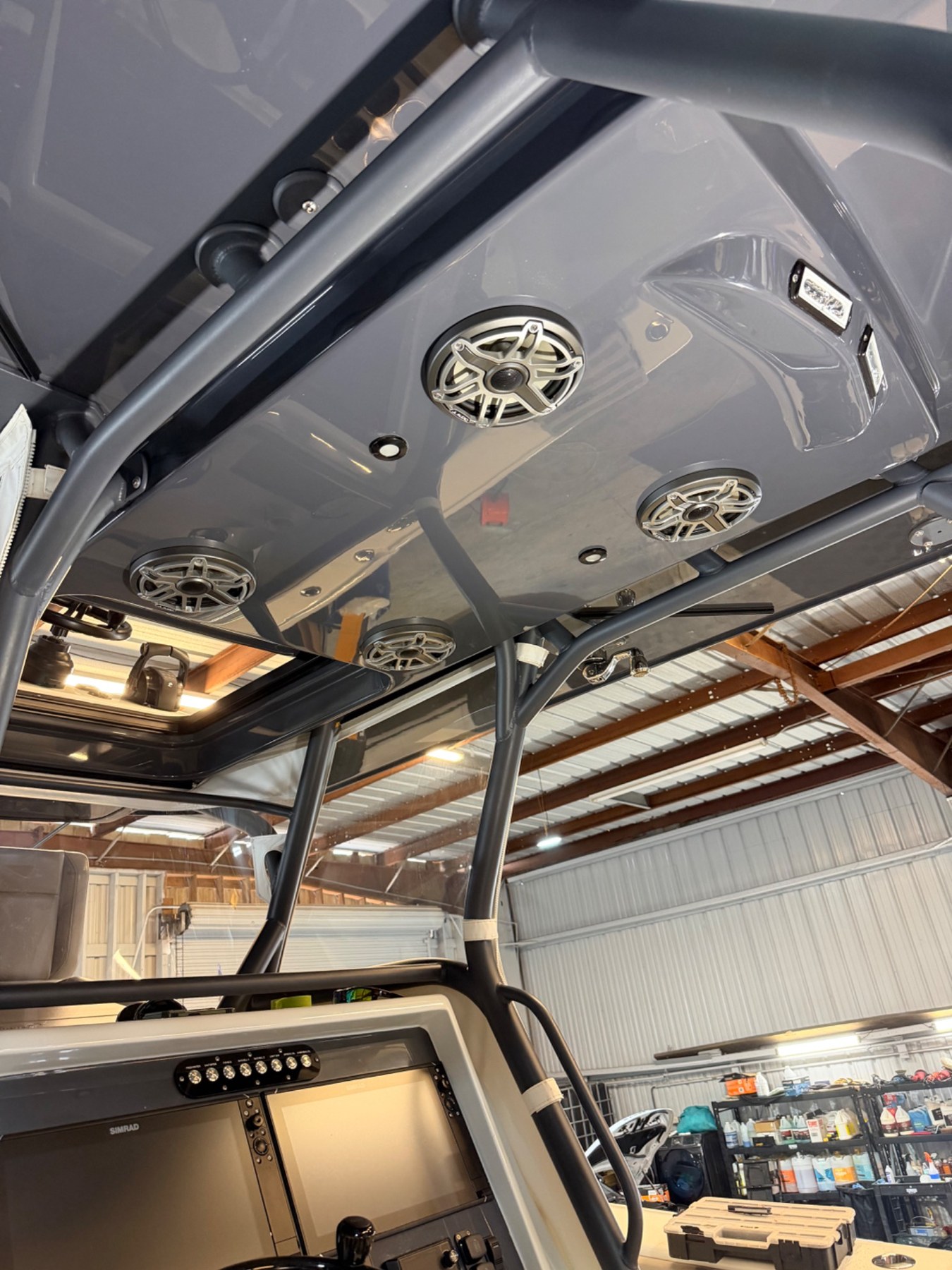 Overhead marine speakers and hardtop details