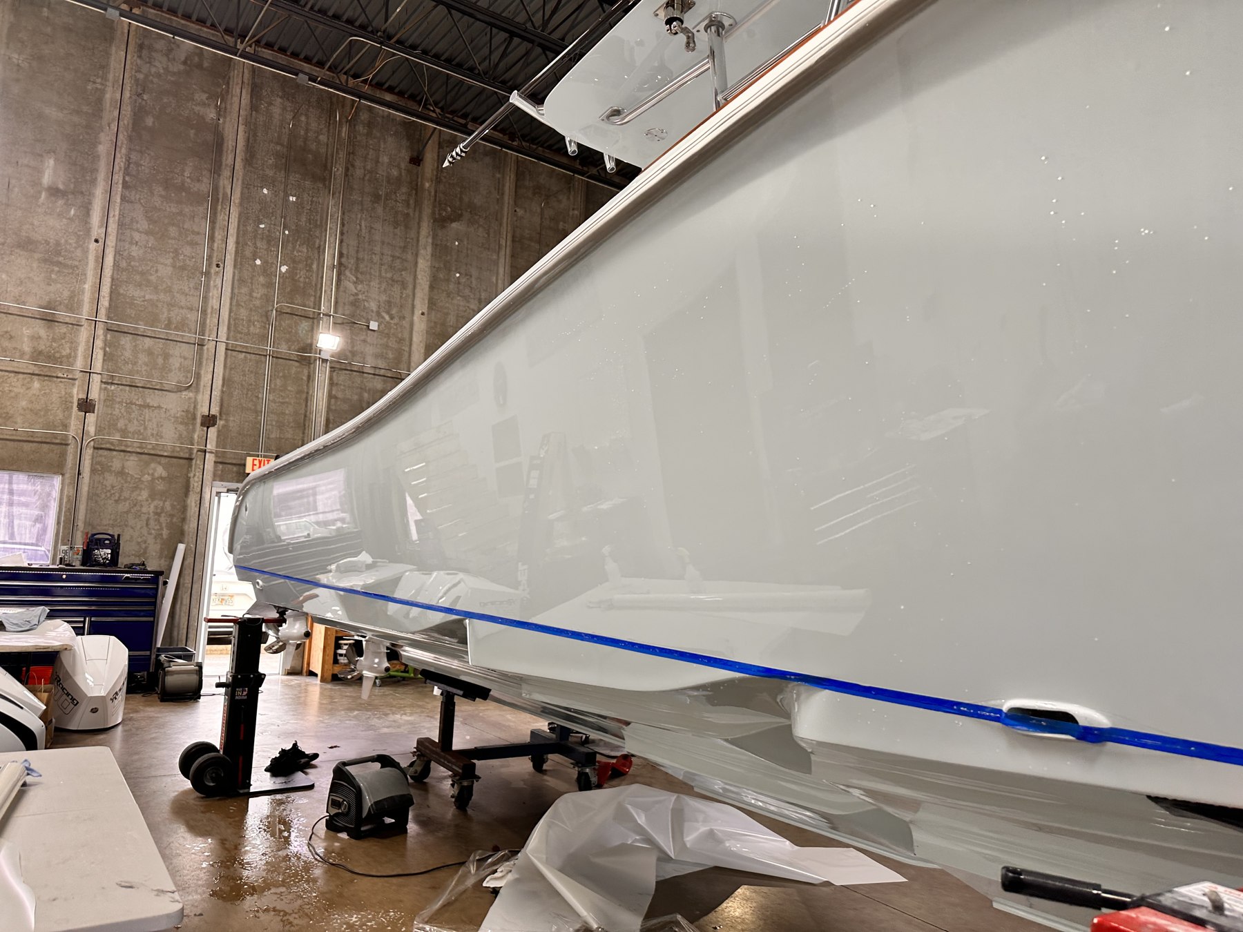 White hull with masking along the bottom