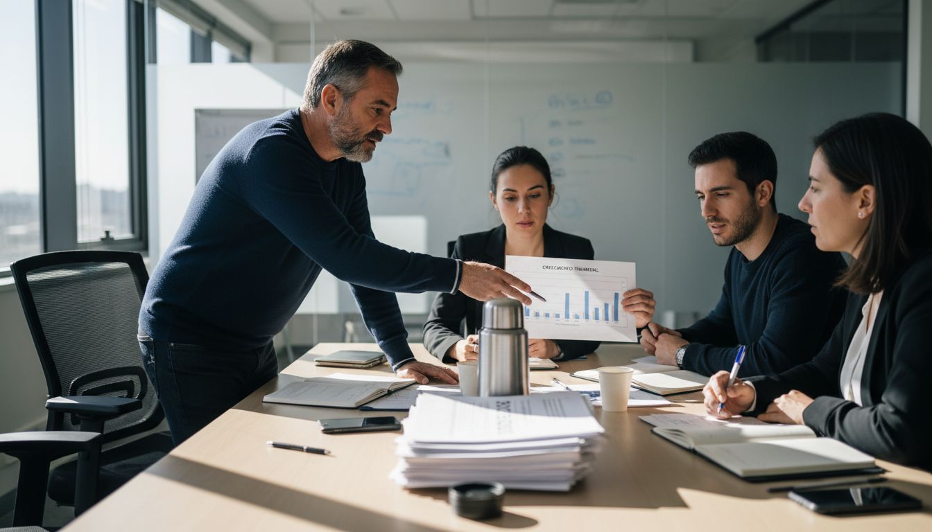 Un líder apoya a un compañero durante una reunión de trabajo en la mesa de juntas.