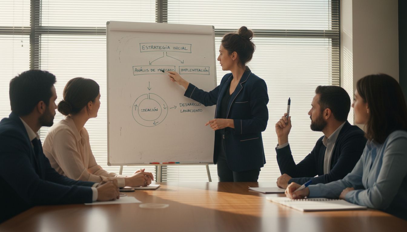 Un líder expone su visión al equipo utilizando la pizarra como herramienta principal.