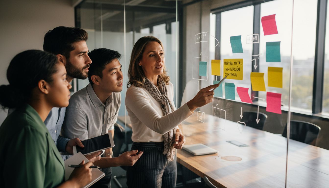 Líder guiando a su equipo junto a una pizarra de cristal