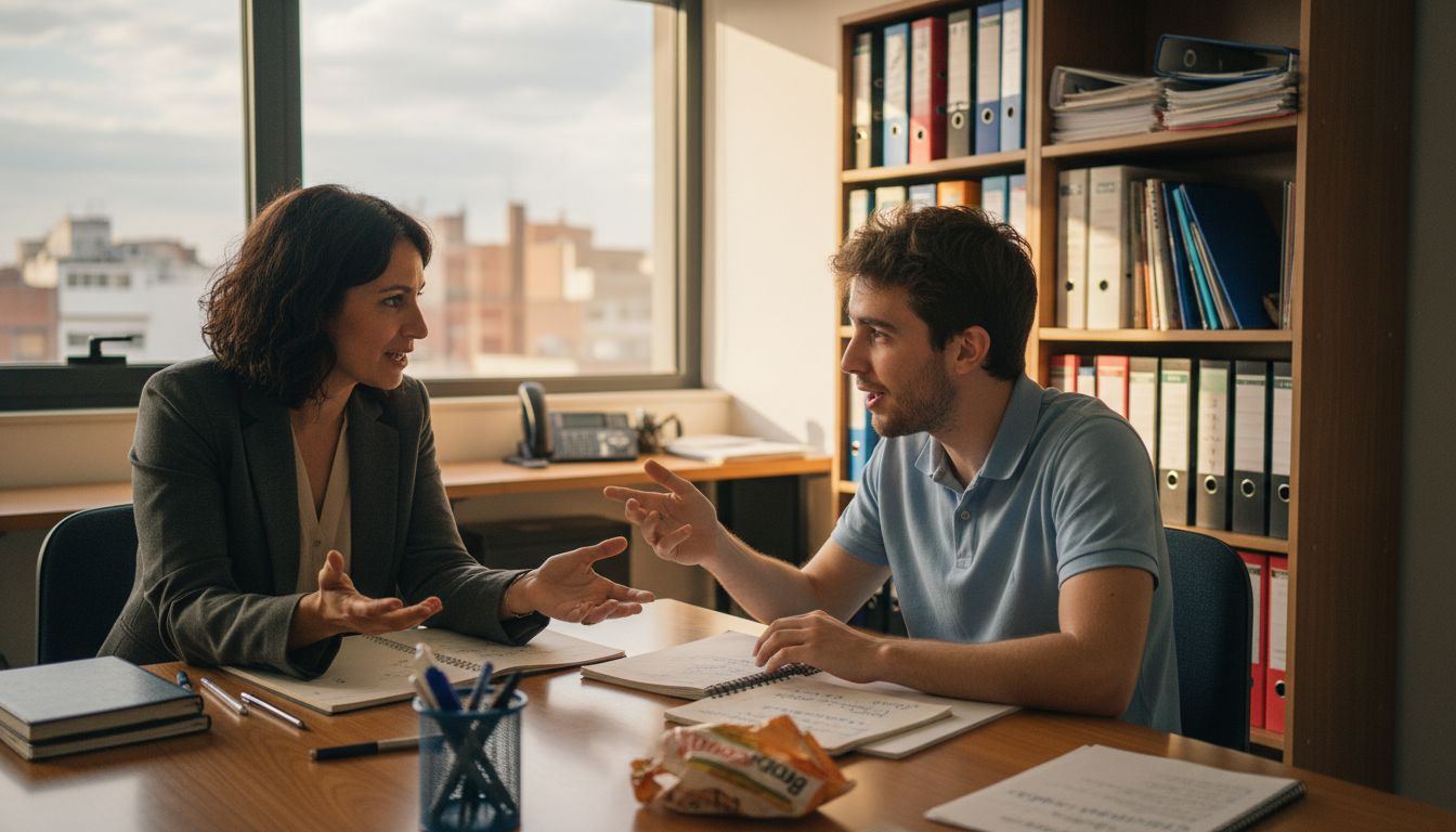 Un jefe conversa y orienta a un empleado junto a la ventana de la oficina.