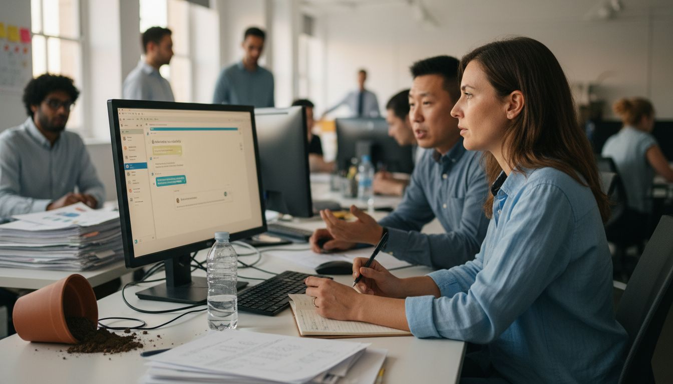 Un líder conversa con un compañero de trabajo en una oficina de espacio abierto.