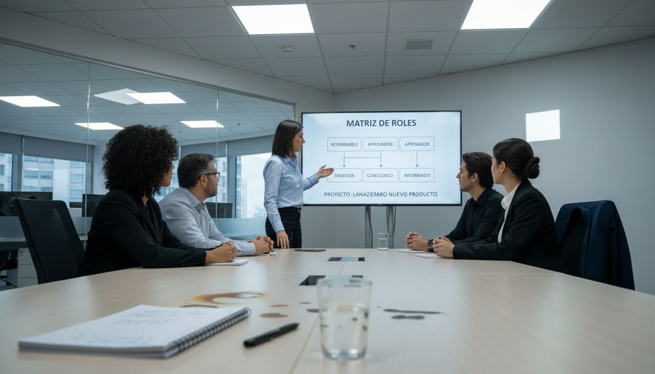 Presentación de funciones y metas del equipo utilizando la pantalla en la sala de reuniones