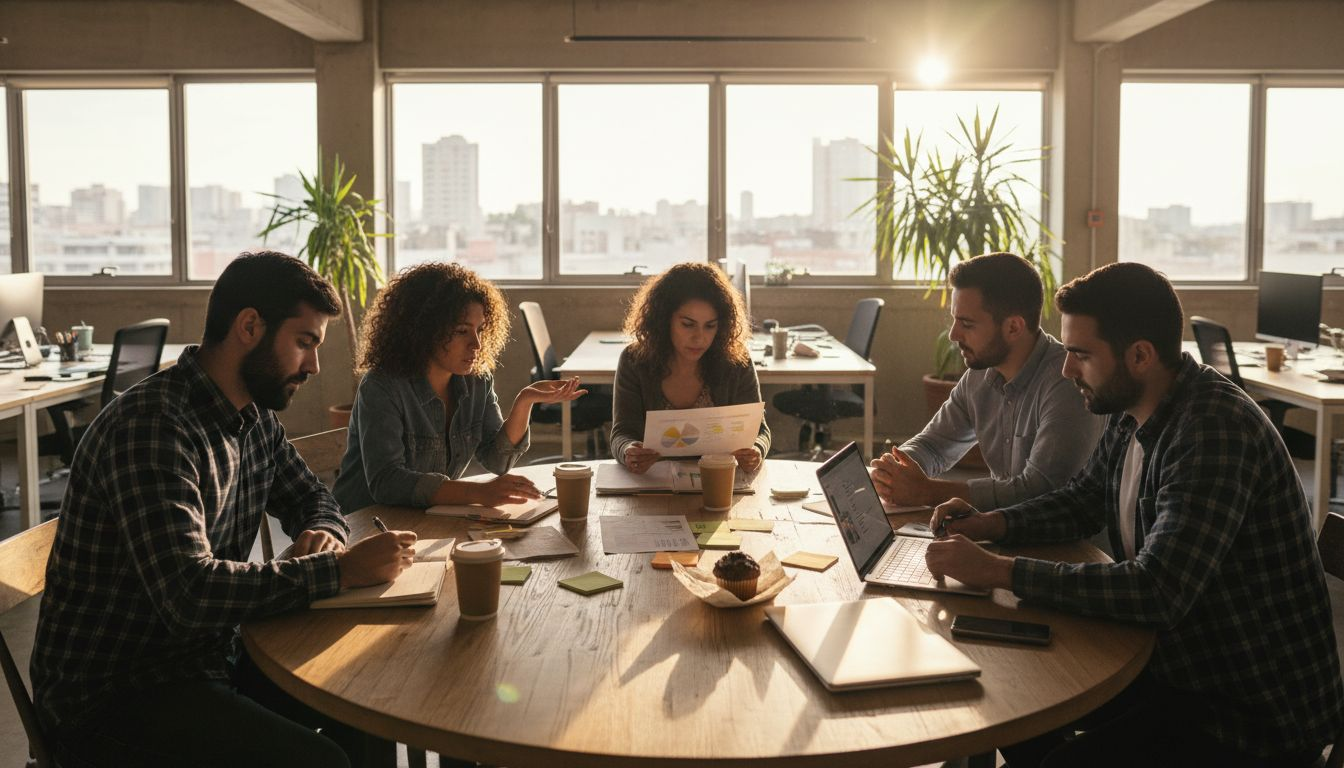 Un equipo trabajando de forma conjunta en una oficina diáfana, fomentando la colaboración y el intercambio de ideas.