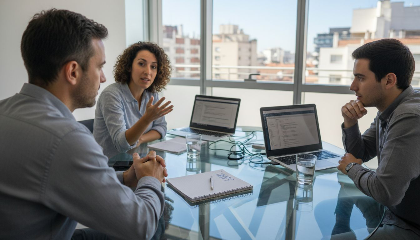 El líder atiende y participa activamente en la reunión con su equipo de tecnología.
