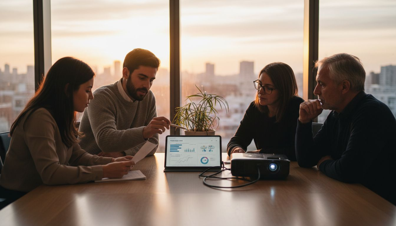 Un grupo de profesionales colabora activamente en una sala de reuniones diseñada para fomentar el trabajo en equipo.