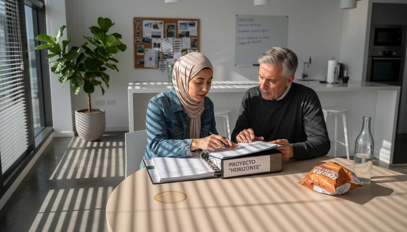 Dos compañeros de trabajo revisan unos documentos juntos en la zona de café de la oficina.