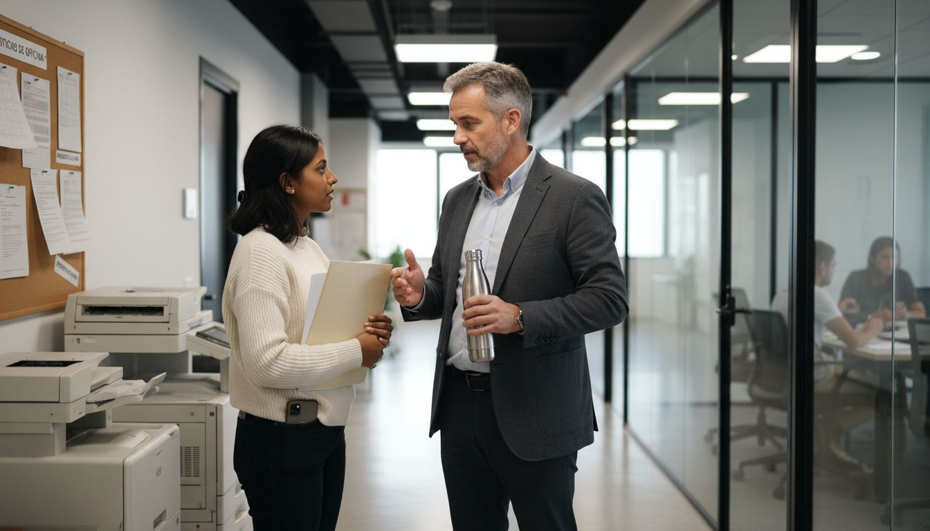 Un jefe y un compañero de trabajo conversan de manera informal en el pasillo de la oficina.