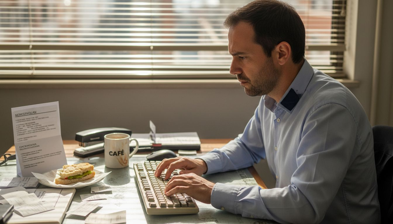 Un gerente trabajando en su escritorio pequeño, lleno de papeles y objetos desordenados.