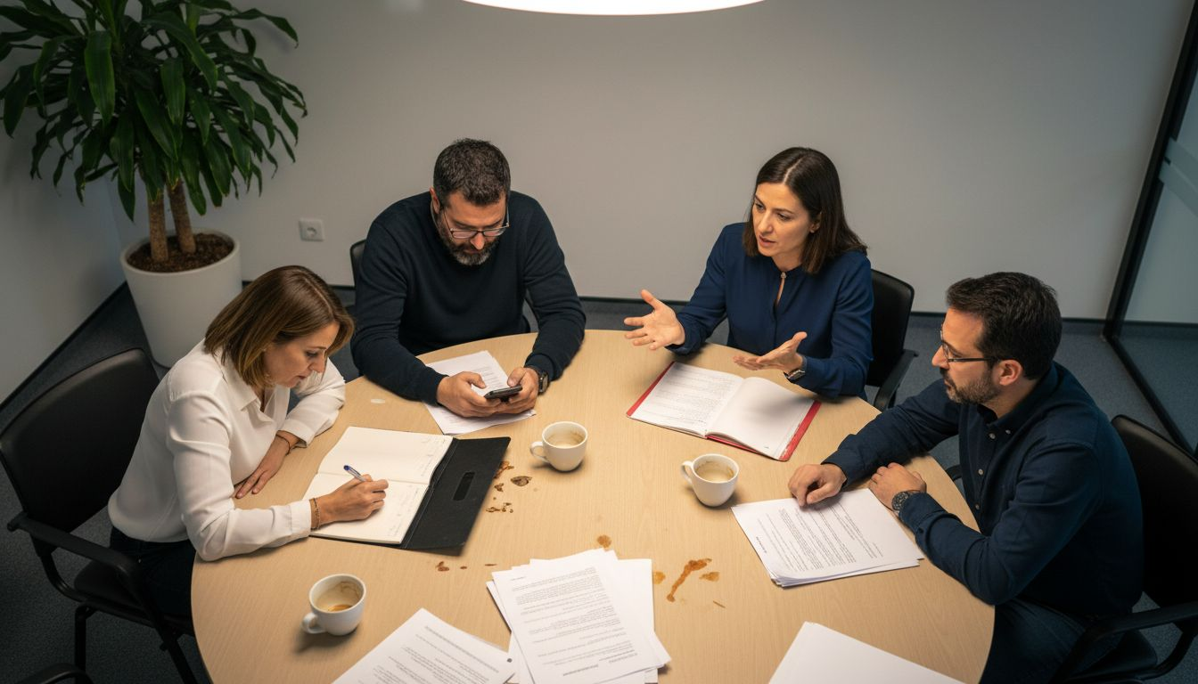 Un grupo de trabajo reunido en una sala revisando documentos y compartiendo ideas.