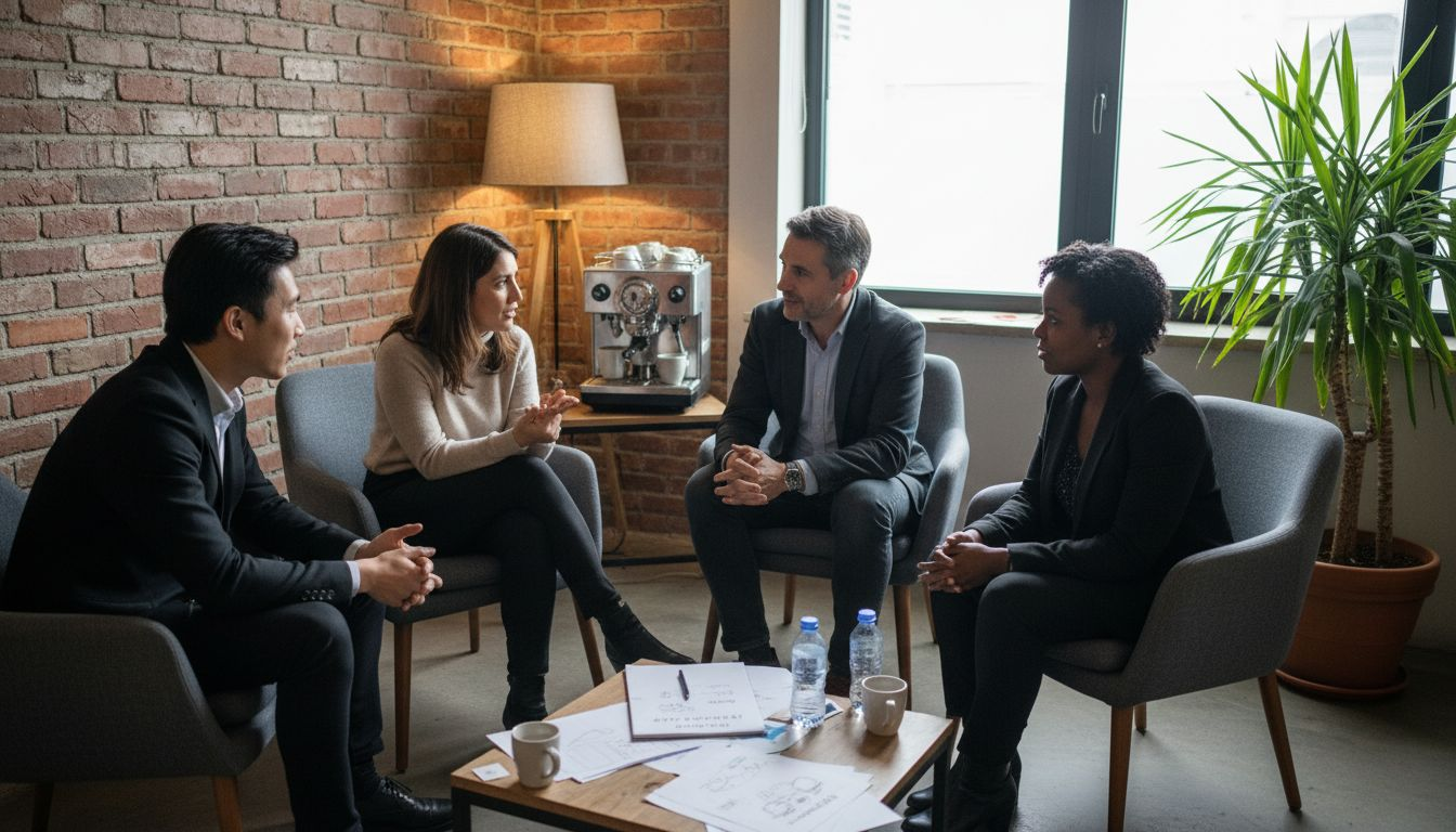 Un equipo de personas de distintos perfiles conversando y compartiendo ideas en una sala de reuniones de la oficina.