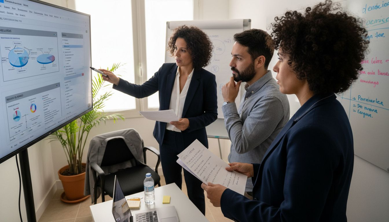 Un equipo revisa y discute diferentes proyectos durante una reunión en la sala de juntas.