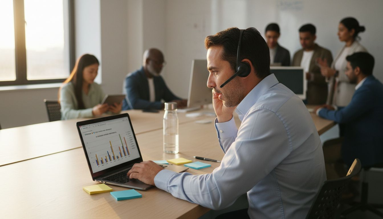 Directivo analizando informes y manteniendo comunicación con su equipo