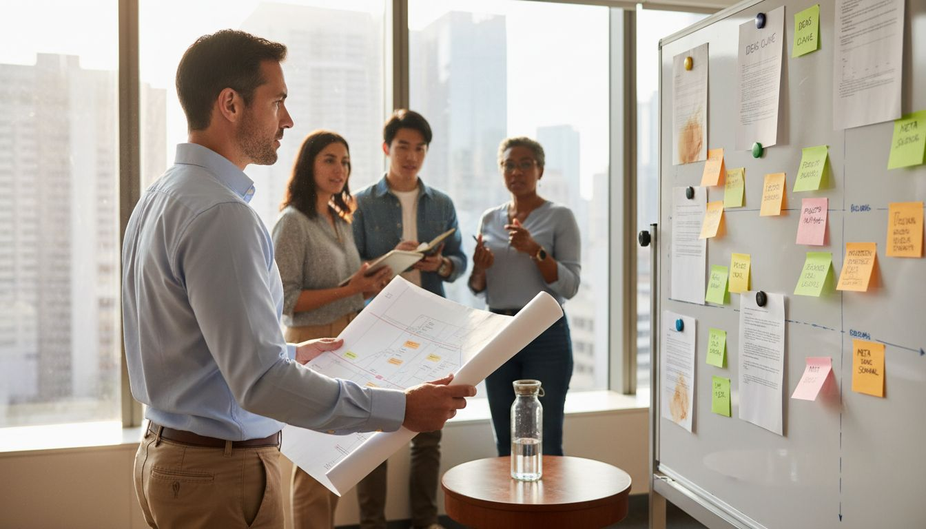Directora revisando el plan de trabajo del proyecto junto a la ventana