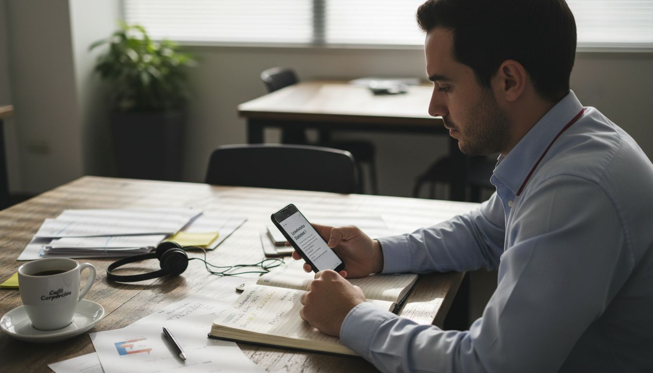 Un gerente aprovecha su rato libre en la sala de descanso para ponerse al día con un microlearning.