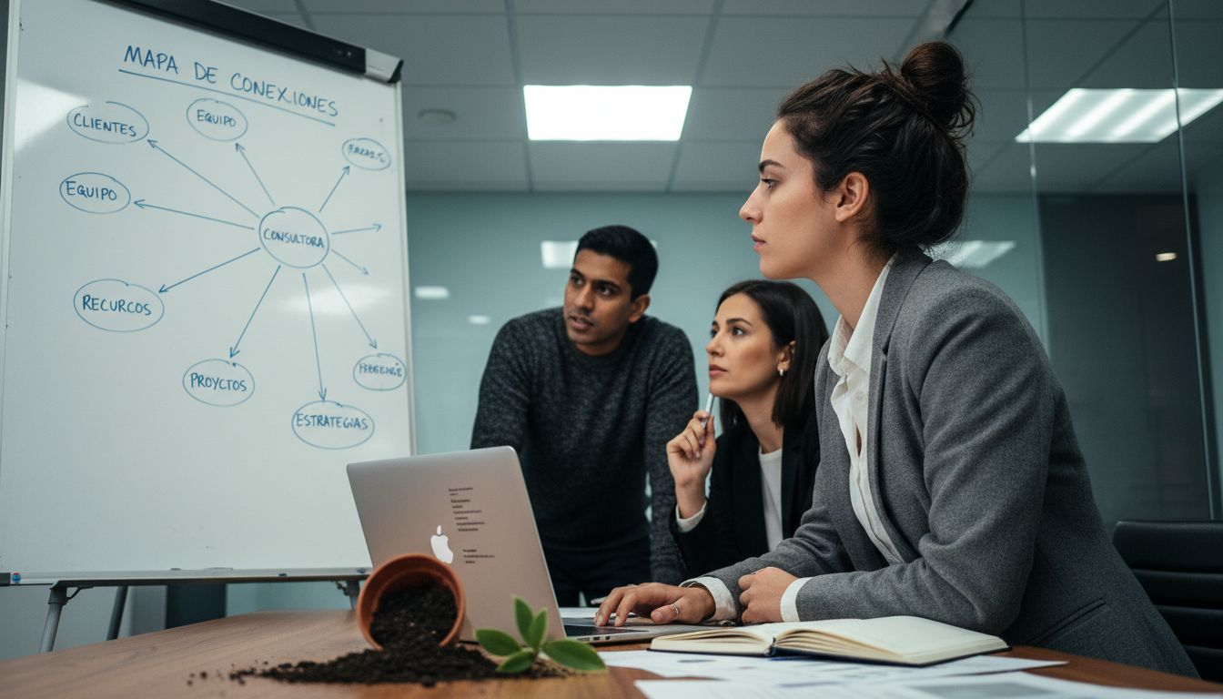 Consultora analizando dinámicas y conexiones entre el equipo en una sala pequeña