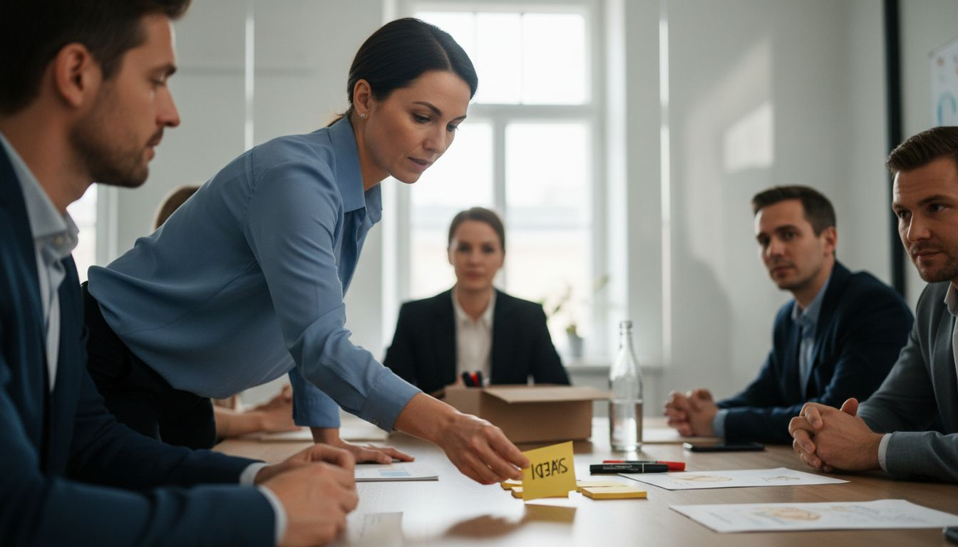 El gerente reparte notas adhesivas entre los miembros del equipo.