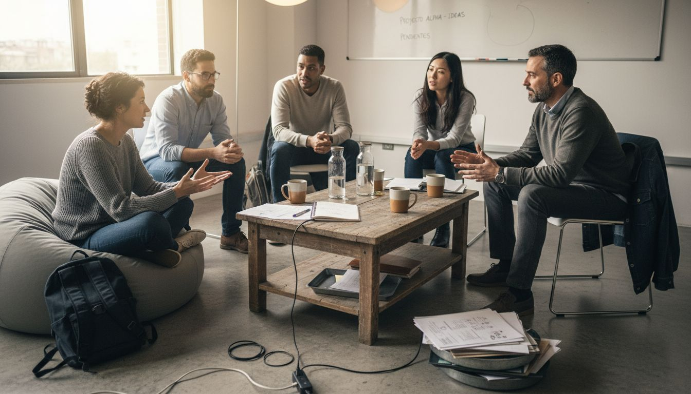 Un grupo de compañeros intercambia ideas mientras descansan en la sala común.
