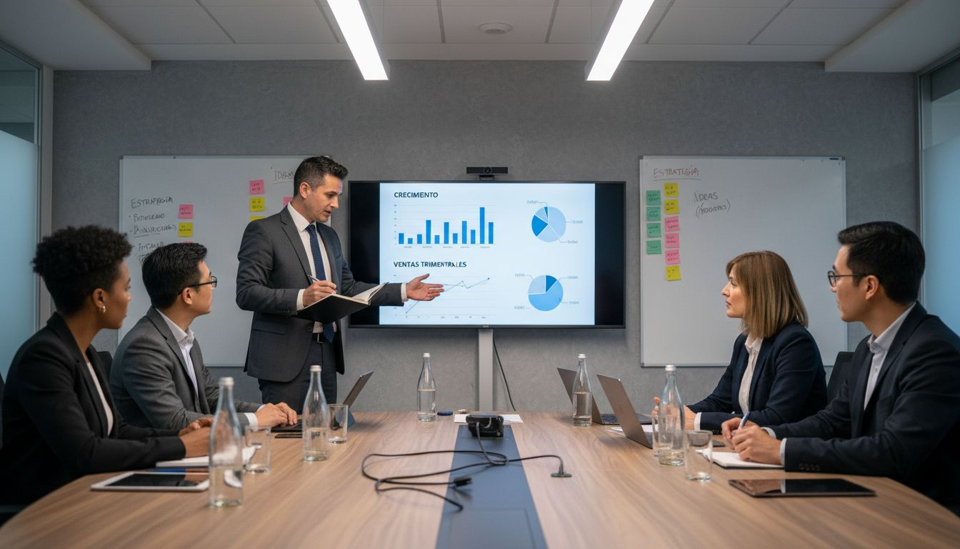 Responsable compartiendo propuestas con su equipo reducido