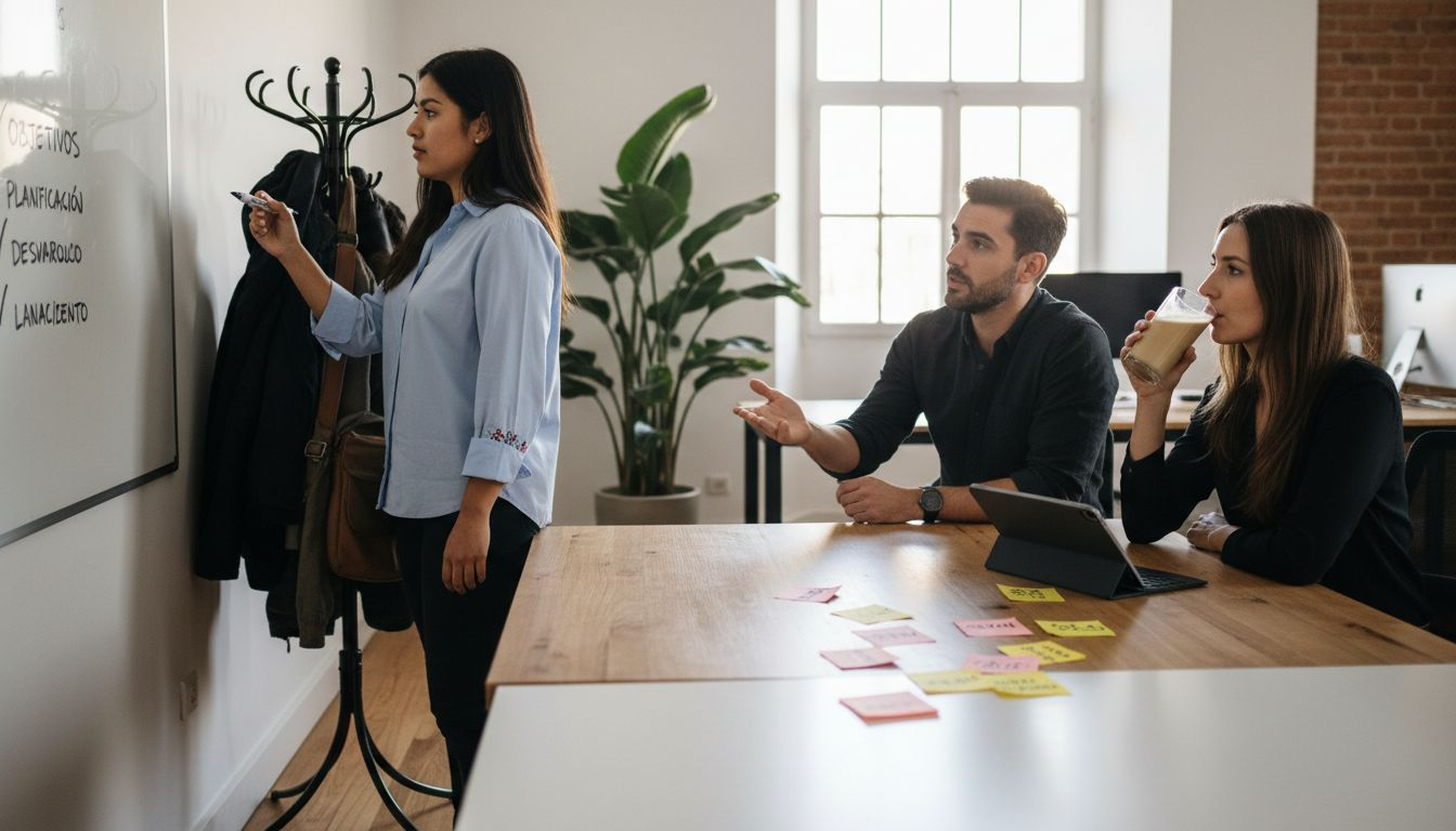 El equipo reúne ideas y define objetivos frente a la pizarra.