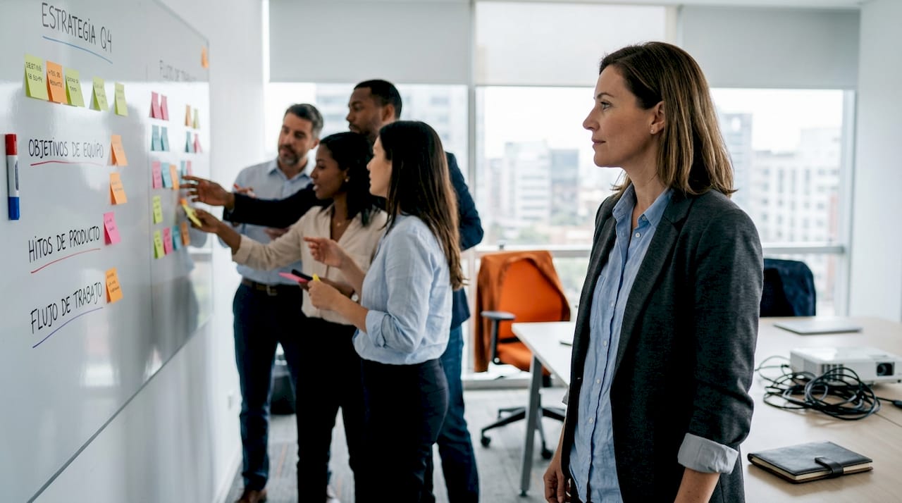 La directora supervisa cómo su equipo trabaja en nuevas ideas para impulsar cambios.