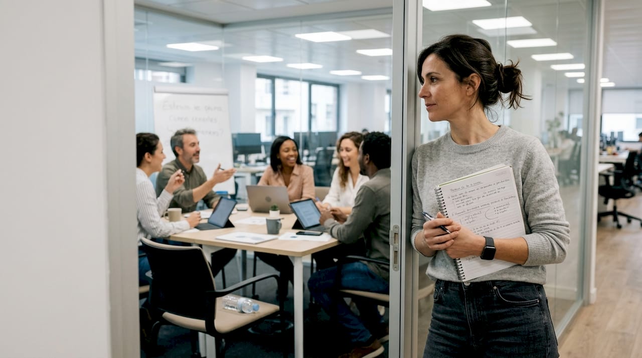 Un líder supervisando el trabajo de su equipo en un espacio de trabajo compartido.